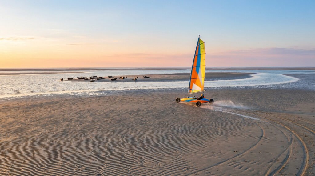 Un char à voile coloré navigue sur le sable humide du Crotoy avec des phoques se reposant au loin au coucher du soleil.