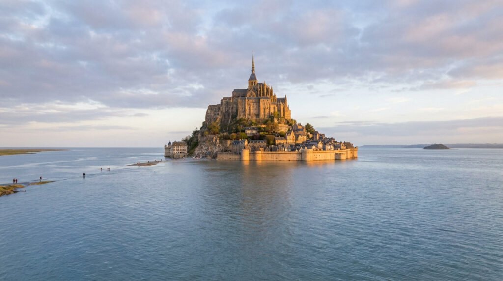 Vue aérienne du Mont-Saint-Michel entouré par la mer à marée haute, avec quelques visiteurs sur un banc de sable.