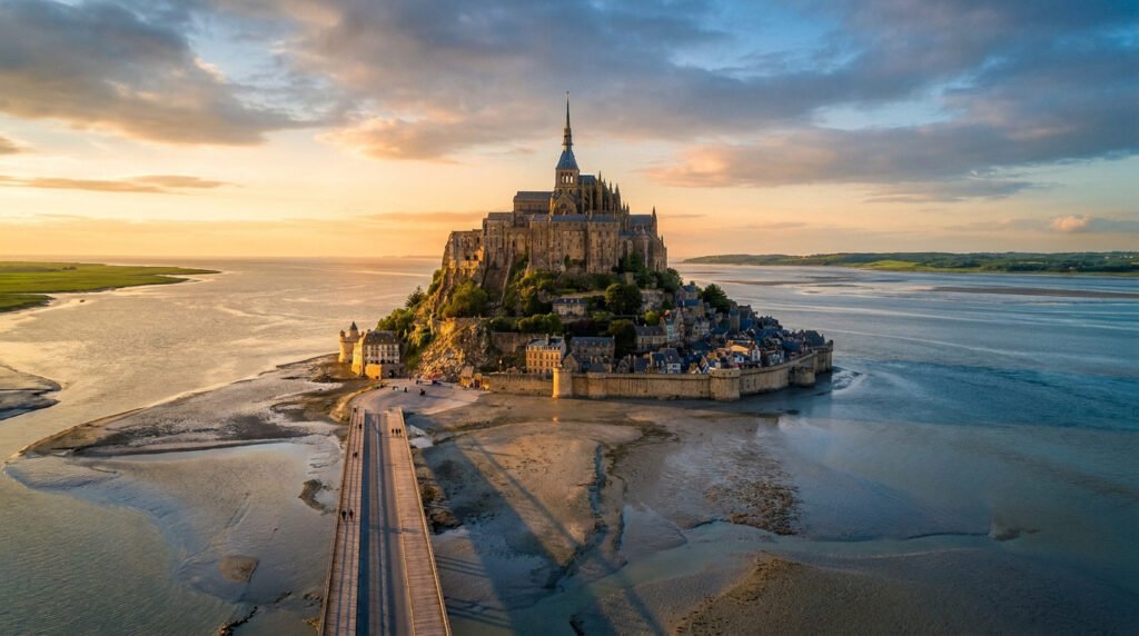 Vue aérienne du Mont-Saint-Michel entouré par la mer à marée basse avec la passerelle menant à l'entrée sous un ciel doré.