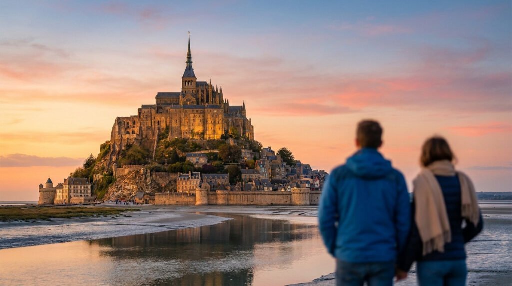Un couple admire le Mont-Saint-Michel sous un ciel orangé au coucher du soleil, vu depuis la baie à marée basse.