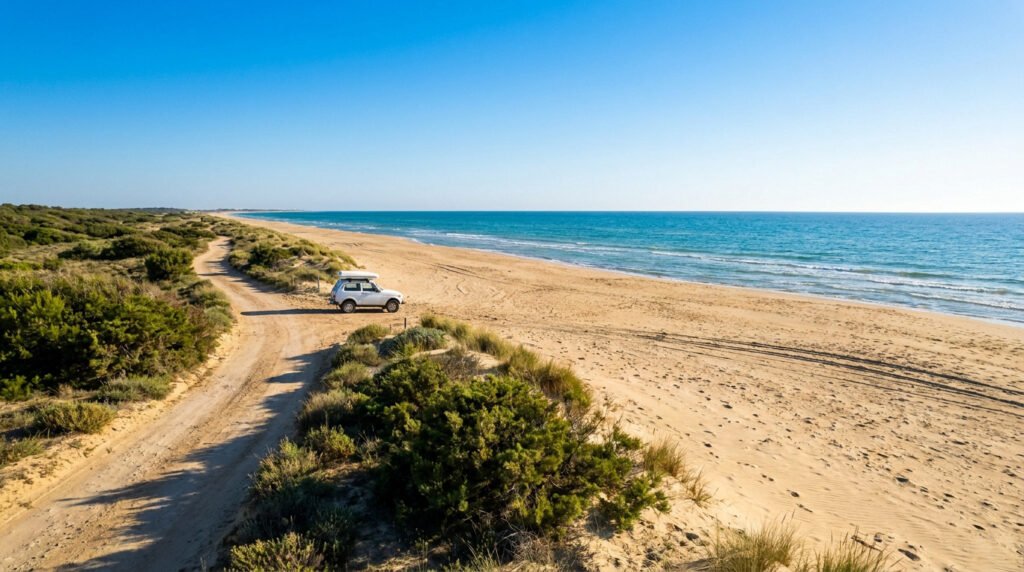 Un 4x4 blanc stationné sur une piste de sable en bordure de plage sauvage avec mer turquoise et ciel bleu.