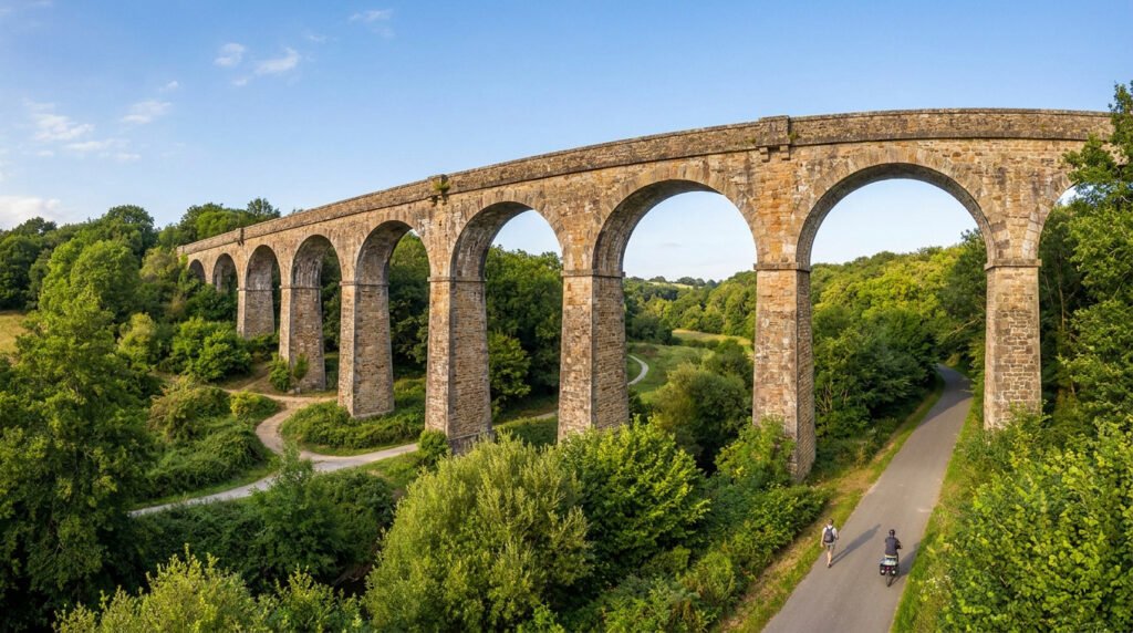 Vue panoramique du viaduc de Douvenant en pierre au-dessus d'une vallée verdoyante avec deux cyclistes sur la route.