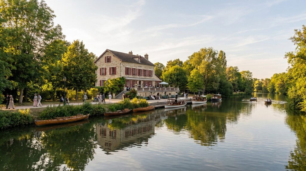 La Maison Fournaise à Chatou au bord de l'eau avec des barques et des personnes en costumes d'époque sur le quai.