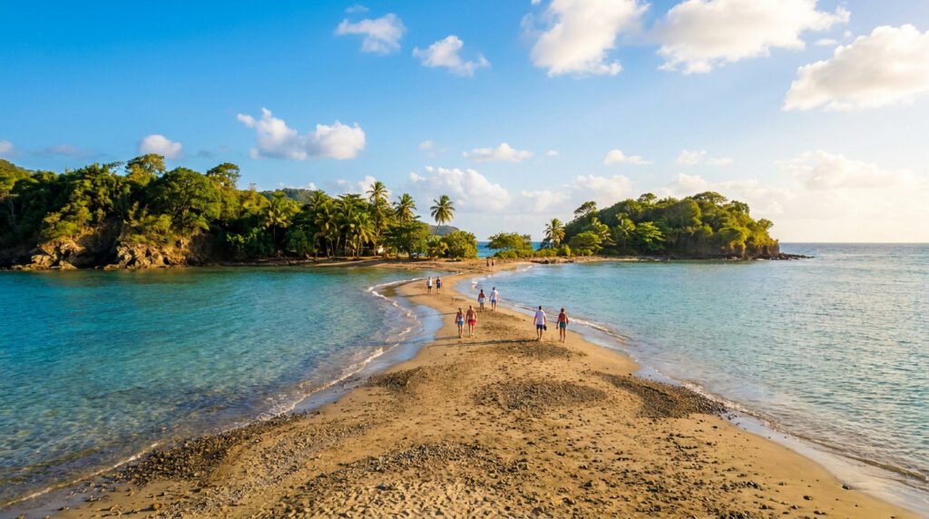 Des visiteurs marchent sur le banc de sable reliant la côte au rolet de Sainte-Marie en Martinique sous un ciel ensoleillé.