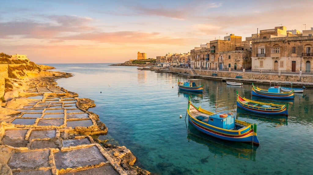 Bateaux traditionnels maltais colorés dans le port de Marsaskala au coucher du soleil, avec des marais salants au premier plan.